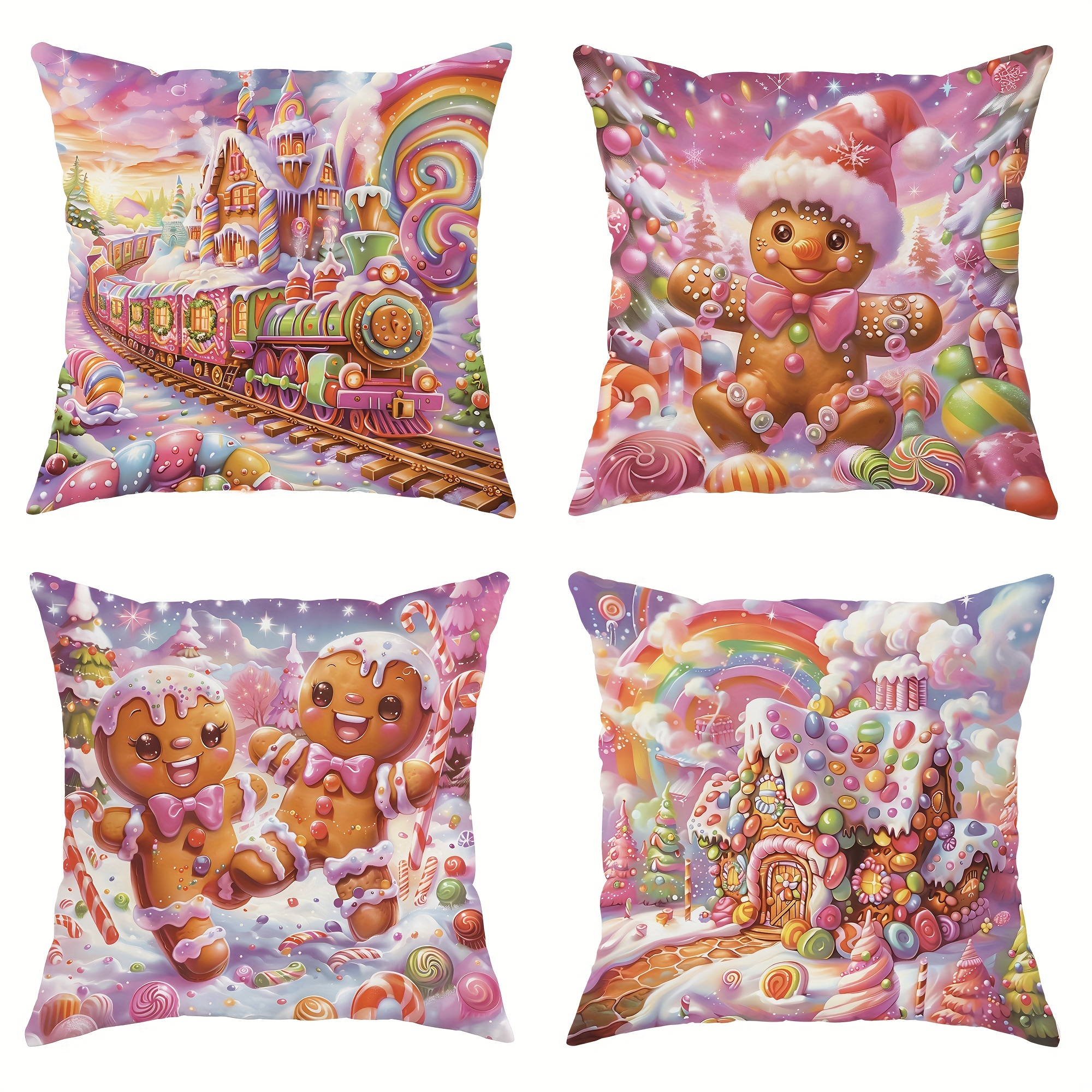 

Christmas Throw Pillow Covers Set Of 4, Contemporary Polyester Velvet Gingerbread & Candy Pattern, Zipper Closure, Festive Decorative Pillowcases For Sofa And Bedroom, 18x18 Inches, Machine Washable