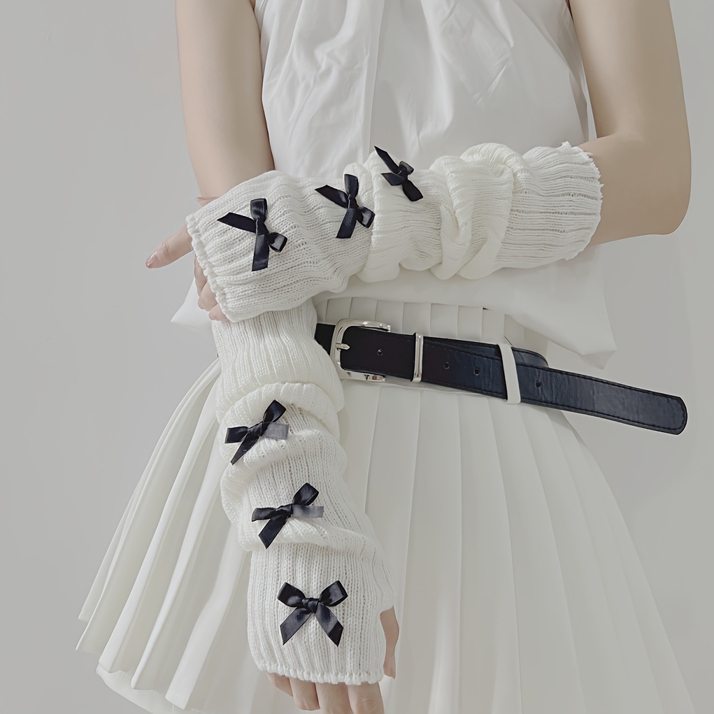 E-shop Ein Paar warme und bequeme Herbst- und Winter-Armstulpen mit Schleifendekoration. Fingerlose Ärmel für Damen, Y2K Style, für Streetwear OOTD.