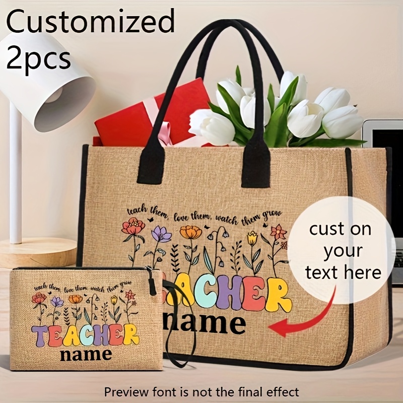 TEMU 2pcs Customizable Teacher-themed Tote Bags With Floral Print - Large Capacity, Open Top, Beige Fabric, Gifts, Supplies, And Beach , Beach Bag |