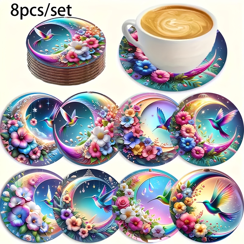 Image of A Set Of 8 Wooden Coasters Based On The Theme Of And The Moon - Round Heat-resistant Drink Mats, Suitable For Decoration, A Perfect Gift, Hand Wash Only, An For Christmas And Valentine's Day Gifts