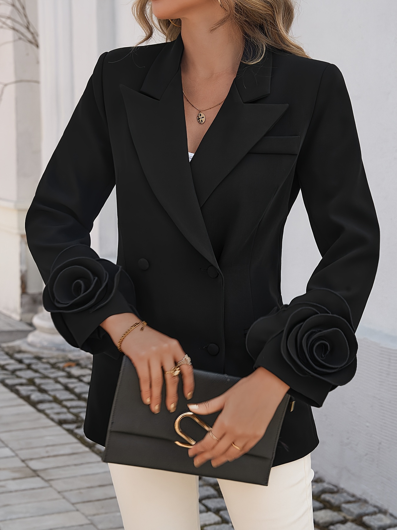 Damens Schwarze Elegante Blazerjacke mit Rüschenärmeln H-Silhouette  Bürojacke mit Maschinenwaschbarer Vielseitiger Langarmmantel für Frühli