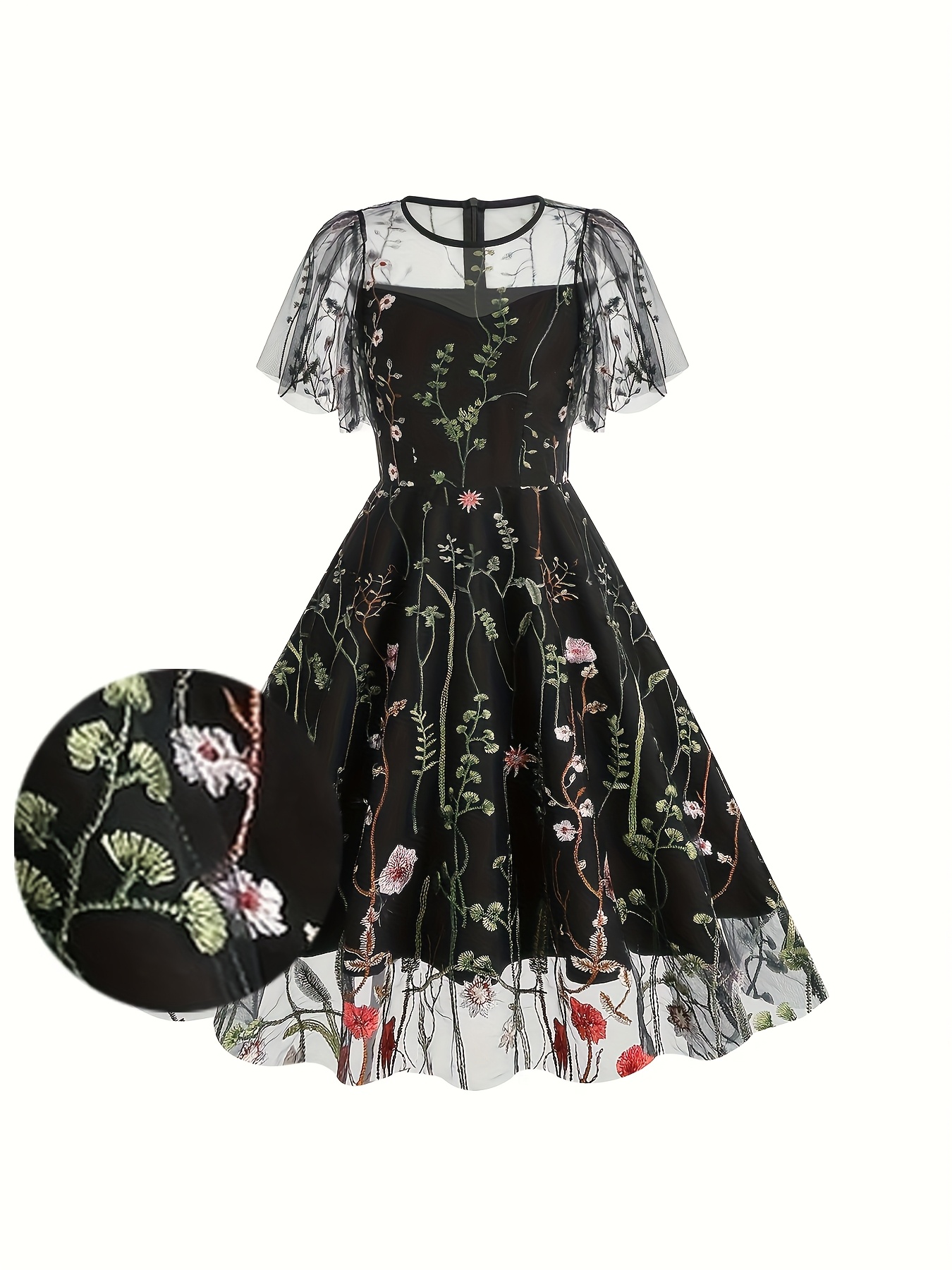 Mesh Fabric Black Mesh Embroidered Dress Vintage Inspired Floral