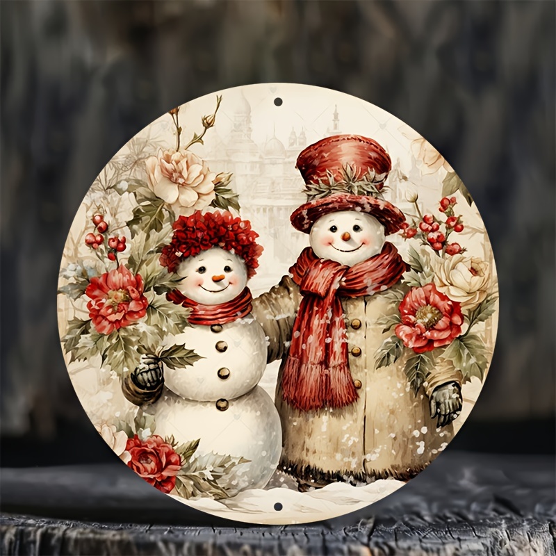 

[top-] Snowman Couple 8"x8" Round Aluminum - For Christmas, Halloween & | For , , , &