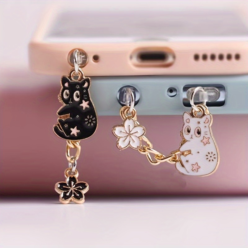 

Adorable Cat Charm With Cherry Flower Pendant For Phone Dust Plug Accessory