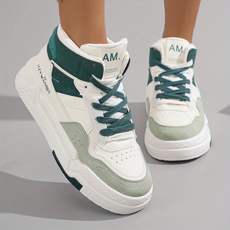 Women'S High-Top Chunky Sole Sneakers White Casual Work Shoes,  Lace-Up, Breathable Fabric, PVC Sole, Round Toe Design, Stylish