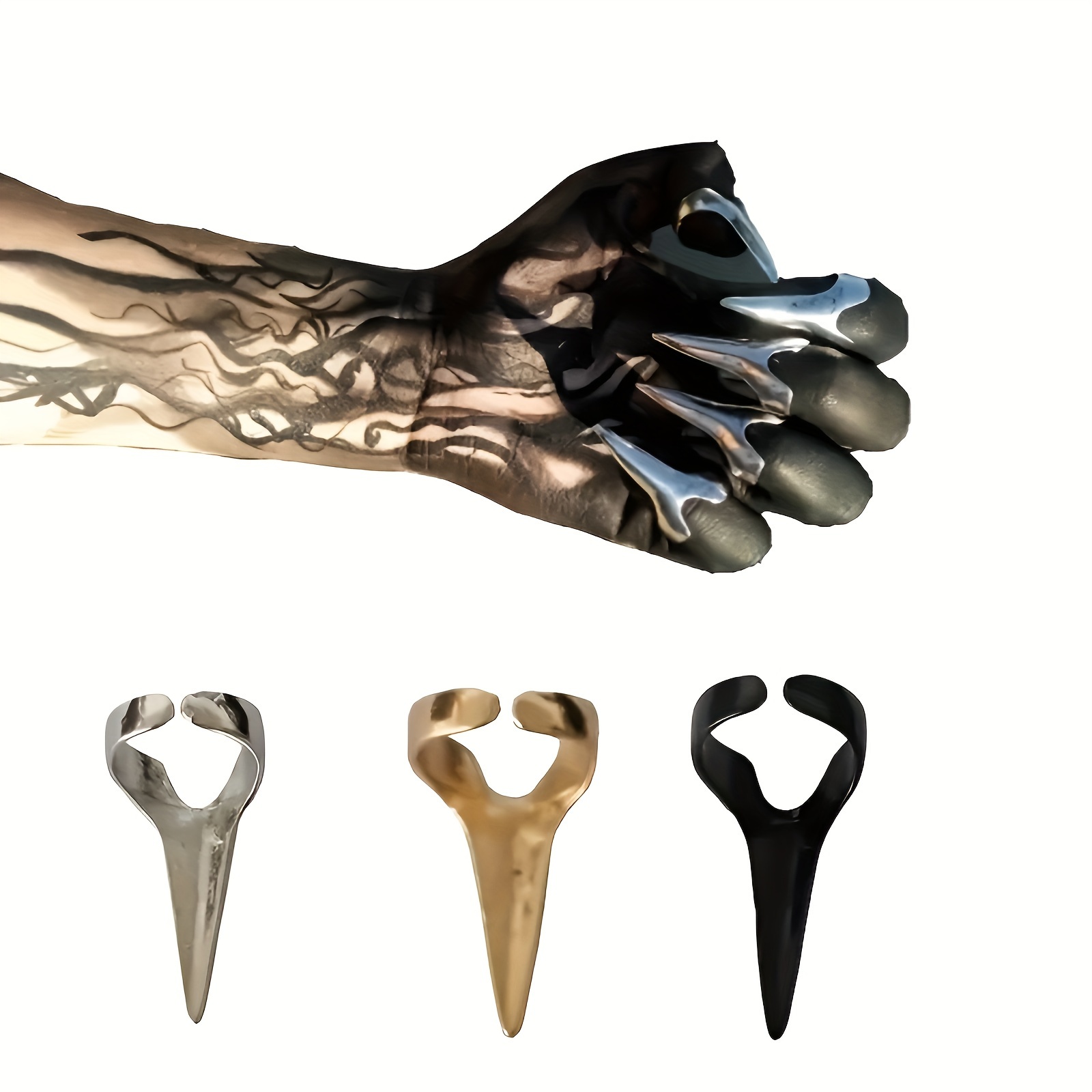 

5pc Stainless Steel Punk Claw Hair Rings - Avant Garde Halloween Costume Nail Finger Tips Accessories, No Power Needed