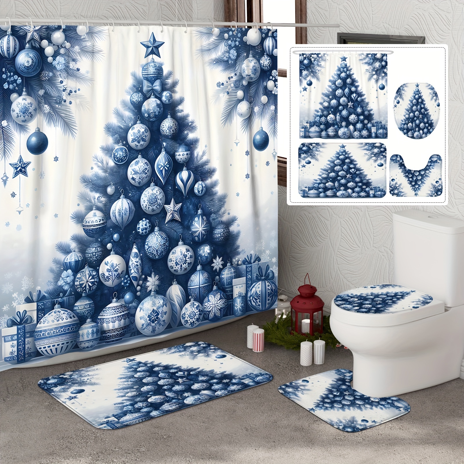 

Festive Christmas Curtain Set With Shower Curtain And Rugs: Polyester, Waterproof, And Machine Washable For Bathroom Decor - Includes 12 Hooks And Non-slip Bath Mat