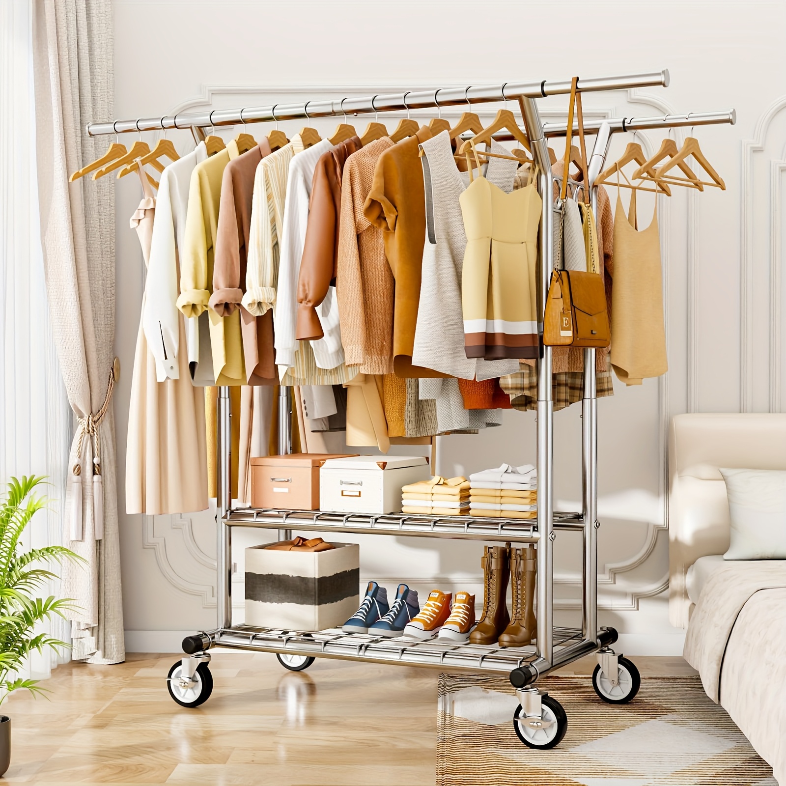 Adjustable Heavy Duty Metal Clothing Rack, Freestanding Garment Rack With Lockable Wheels, 620 Lbs Capacity, Portable Clothes Rack For Bedroom/laundry Room, Holds 200+ Clothes & Shoes