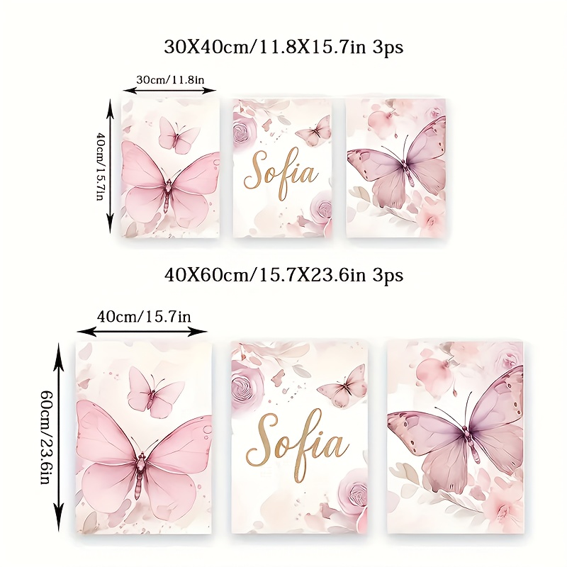 TEMU 3pcs -themed Name Customizable Wall Art Prints - Floral Design, Frameless Canvas Posters For Nursery, Bedroom, Living Room - Personalized Girl