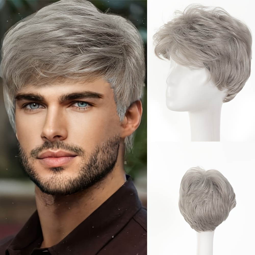 

Unisex Adult Basic Wig - Natural Layered Short Grey Synthetic Hairpiece, High-temperature Fiber, Rose Net Cap, Full Density, Straight Style, Heat Resistant, Suitable For All