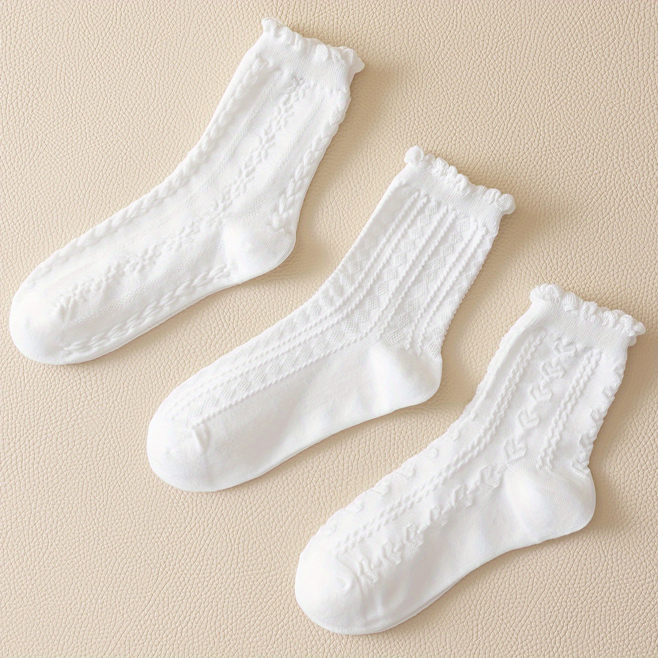 

3 Pairs White Textured Socks, Sweet & Kawaii Ruffle Mid Tube Socks, Women's Stockings & Hosiery