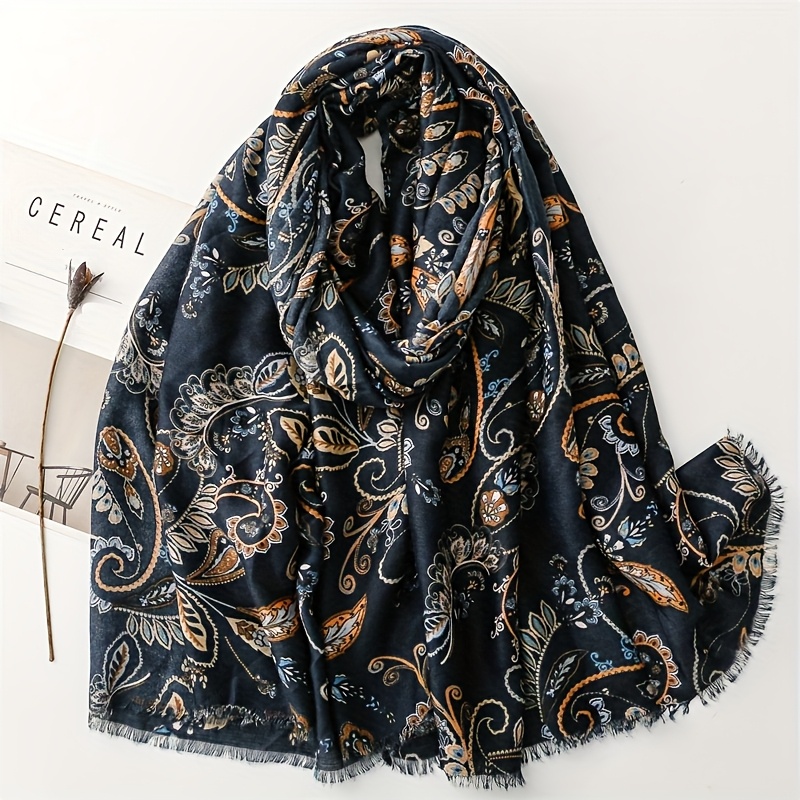 Women'S Stylish Scarf in Dark-Colored Cashew Flower with Fringed Edges, a Soft Shawl for Ladies