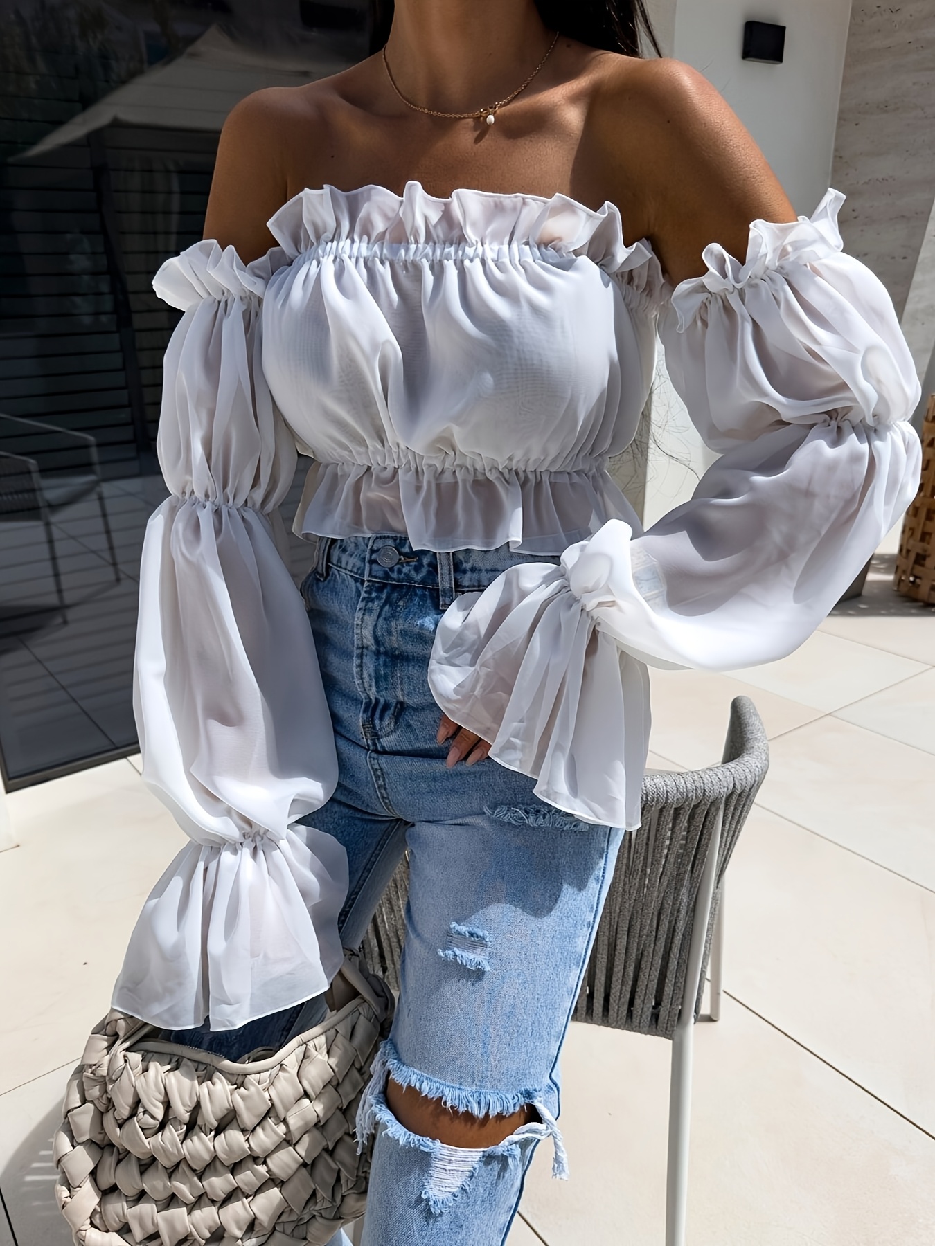 womens elegant shoulder blouse ruffle detail long sleeve Temu