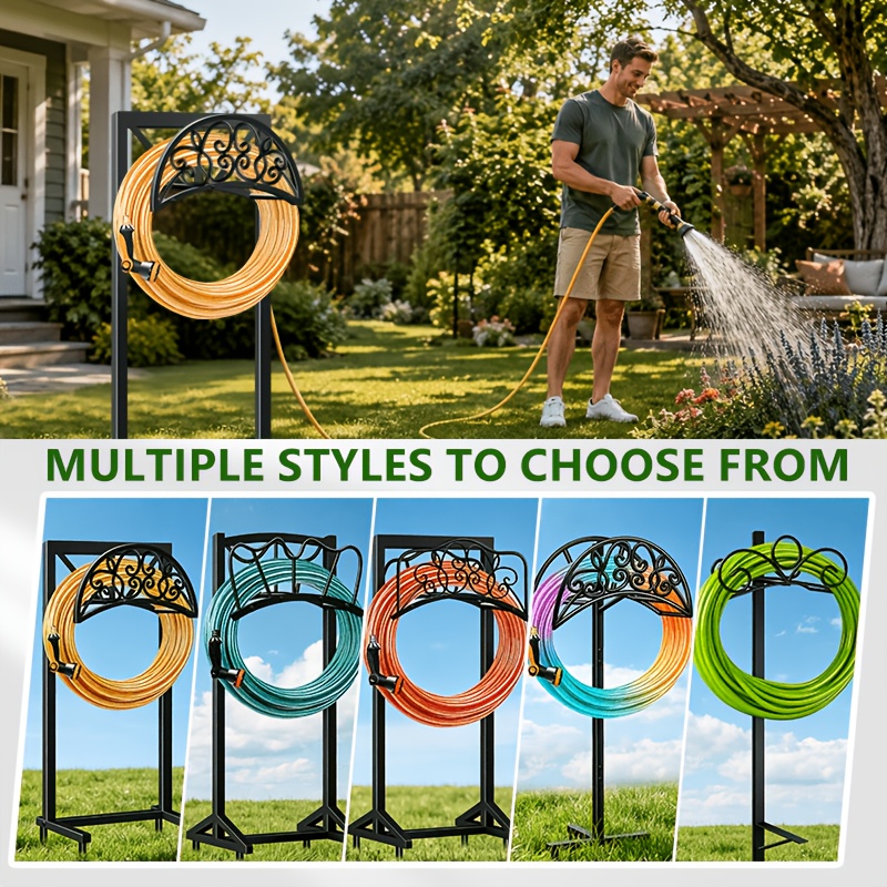 Heavy-Duty Metal Garden Hose Holder Stand with Rust-Resistant Design and Spikes, Freestanding Outdoor Hose Reel Organizer for Up to 150 ft H
