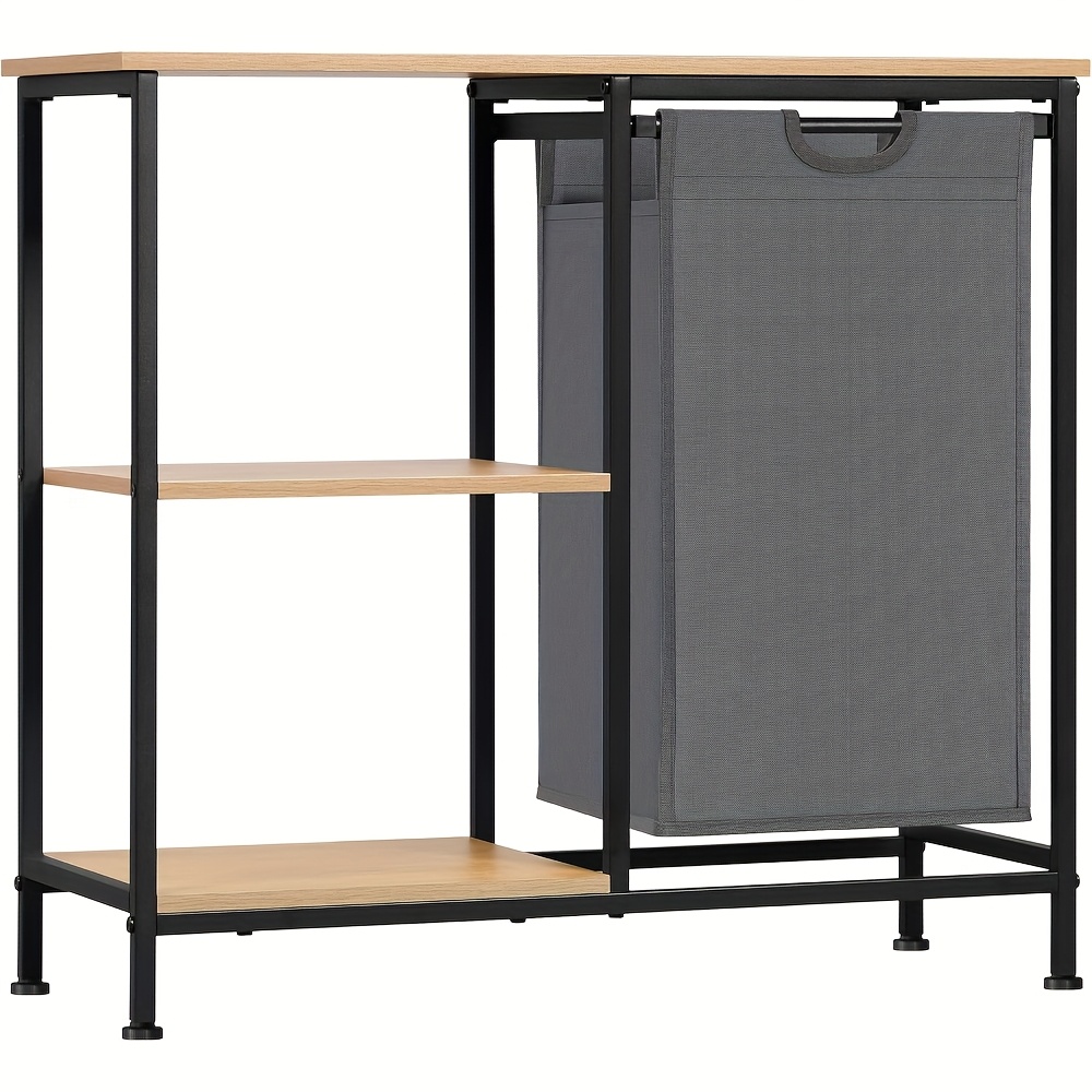 1pc Bathroom Shelf With Laundry Basket, Laundry Hamper With 4 Shelves, 31 L Laundry Bag, Extendible, Removable, Open Standing Shelf, For Bathroom, Laundry Room, 70 X 30 Cm, Black Light Oak