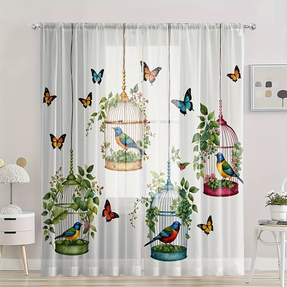 

2pcs Birdcage & Butterfly Printed Semi-sheer Curtains, Rod Pocket Decorative Window Drapes, Window Treatments For Bedroom Living Room, Home Decoration, Room Decoration