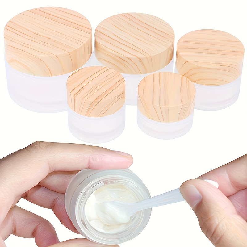 

1pc Wooden Lid Glass Cosmetic Jar, 5g/15g/30g/50g Capacity, Cream Jar Salve Container For Eye Creams & Ointments, Refillable Makeup Pot