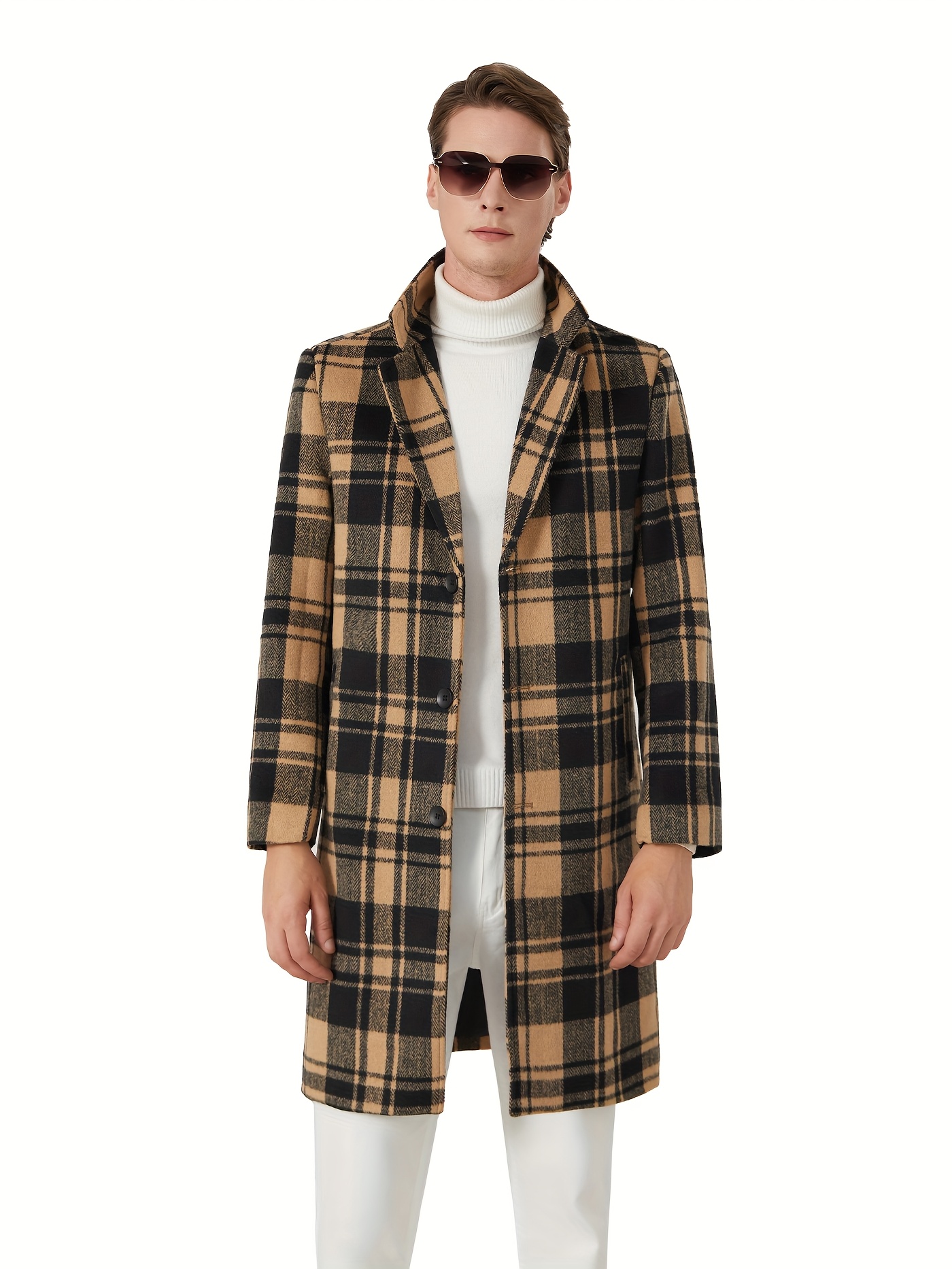 Long Plaid Pea Coat Men Mens Long Trench Coat Single Breasted Wool