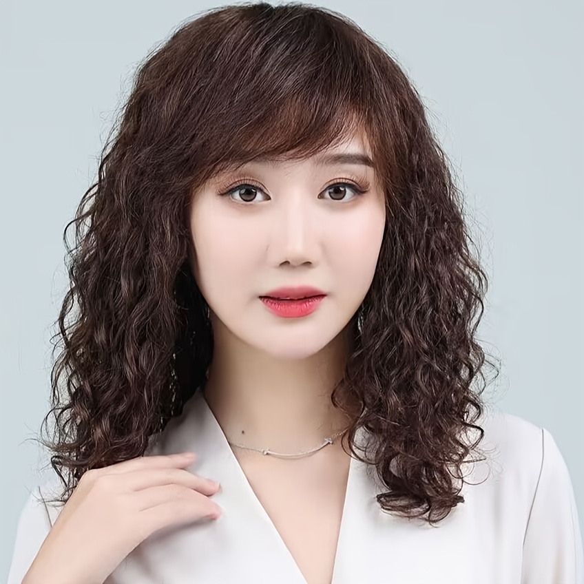 

Elegant 16-inch Dark Brown Curly Wig For Women - Natural Looking Mid-length Synthetic Hair With Bangs, Heat Resistant Fiber, , Short Hair Wig