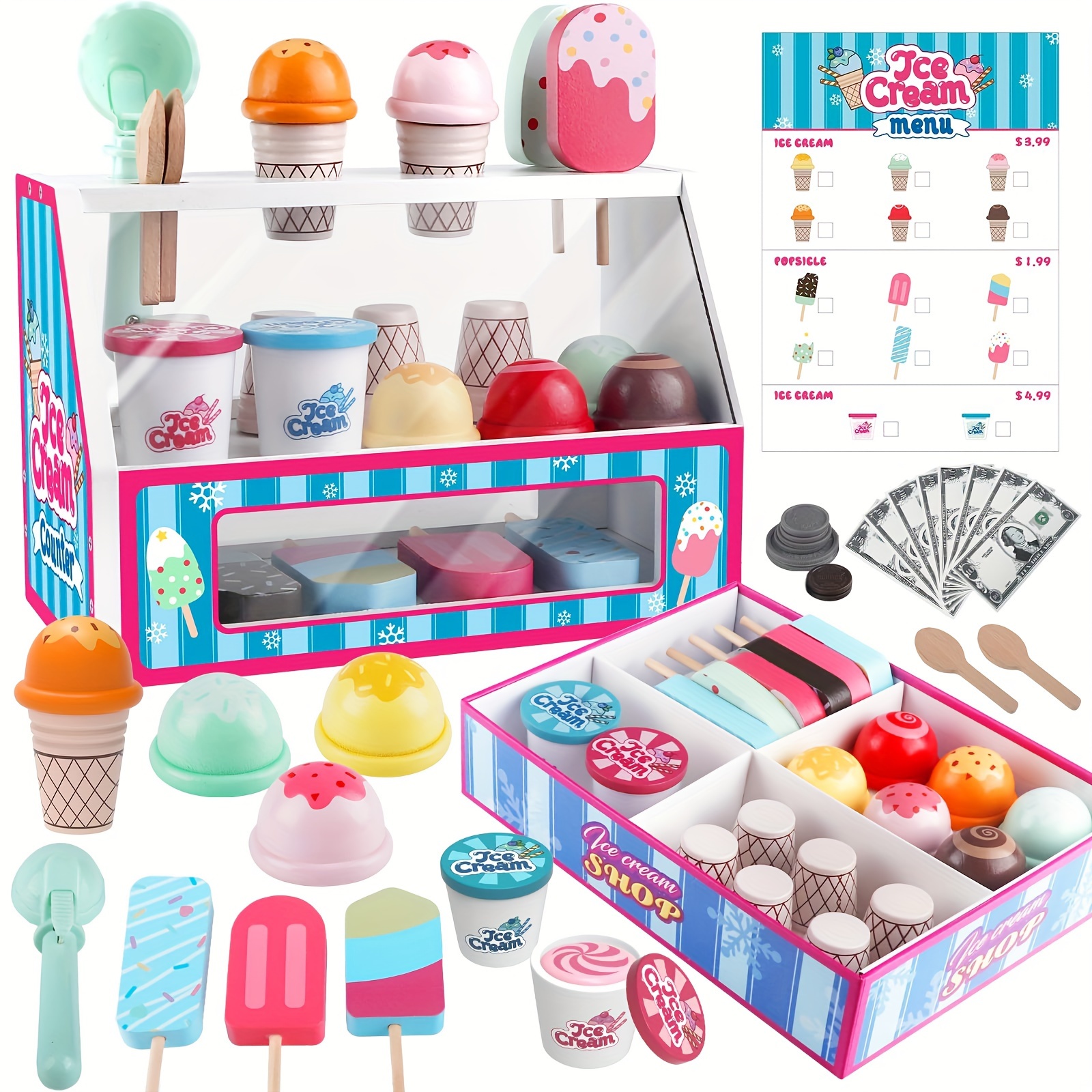 

Ensemble de 48 pièces pour Jeux de Rôle de de Glaces pour Jeunes, Glaces en Bois Colorées, Incluant Cupcakes, Glaces sur Bâton, Modèles de Desserts et Accessoires - Parfait pour de 3, 4, 5, 6 ans