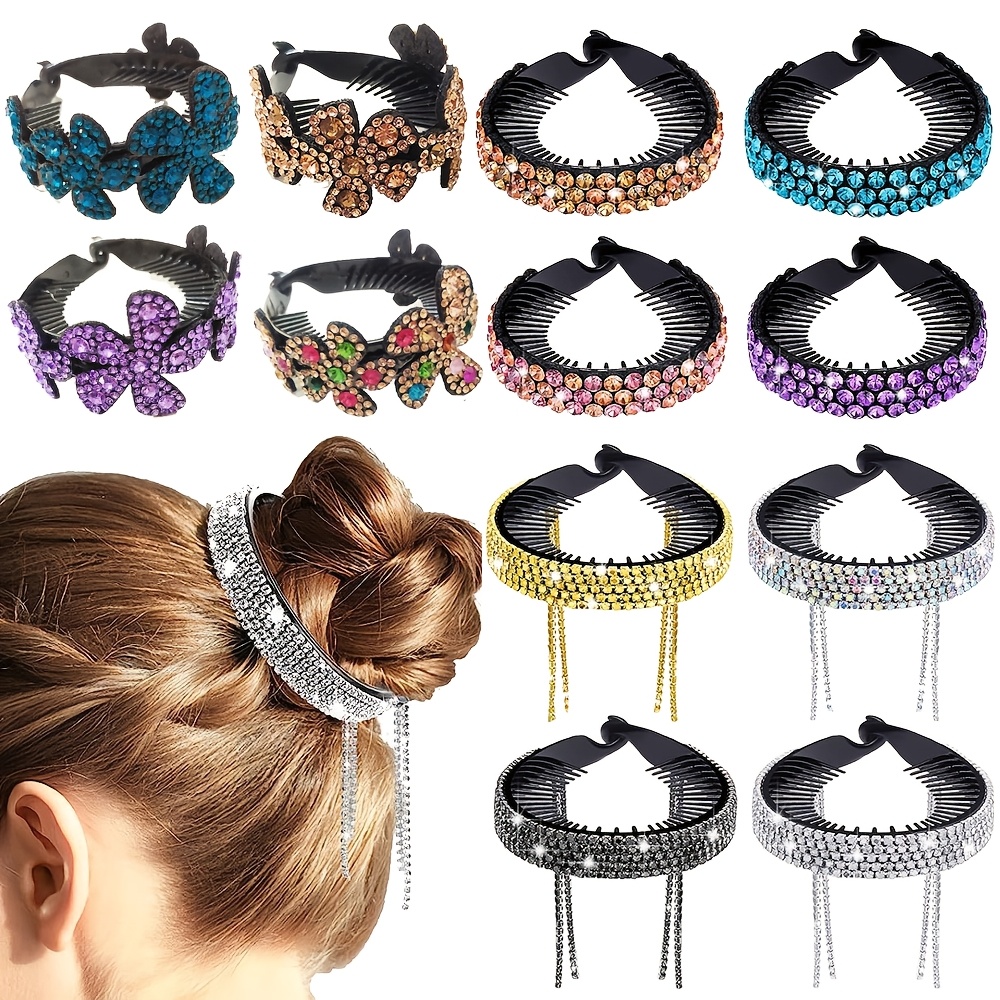 

Elegant Floral Bun Clip With Sparkling Rhinestones - Vintage Ponytail Holder & Tassel Hair Accessory For Women And Girls, Perfect For Weddings, Parties, And Festivals