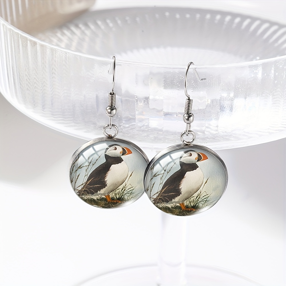 TEMU 1 Paire de Boucles d'Oreilles Puffin Rondes Pendantes Faîtier en Verre Faites à Bijoux