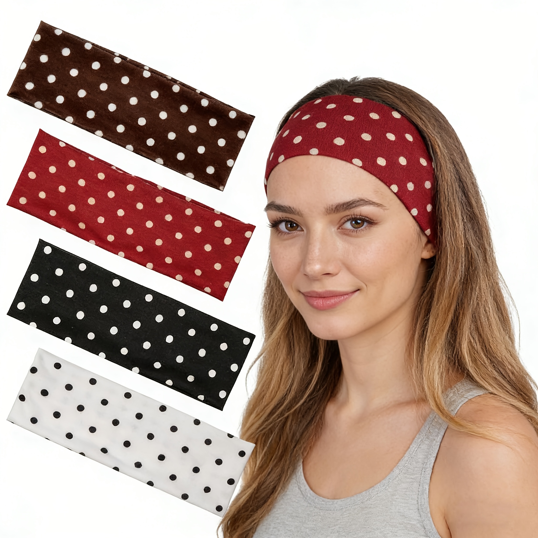 TEMU 4pcs Elegant Bohemian Wide-brim Headbands, Stylish Polka Dot Stretch Winter Headbands, Non-slip Sports Headbands, Black Stretch Sweat-absorbent