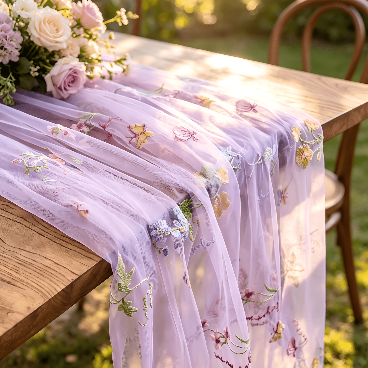 TEMU 1pc 1pcs Sheer Gauze Table Runner With Embroidered Light Purple Floral Lace Suitable For Weddings, Parties, Christmas Decorations - Washable