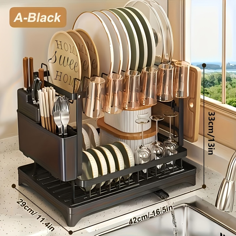 TEMU 2025 Upgraded Double-layer Carbon Steel Dish Rack, Kitchen Countertop Storage Box, 2 Models Optional, With Drain Board, Cup Holder And Cutlery