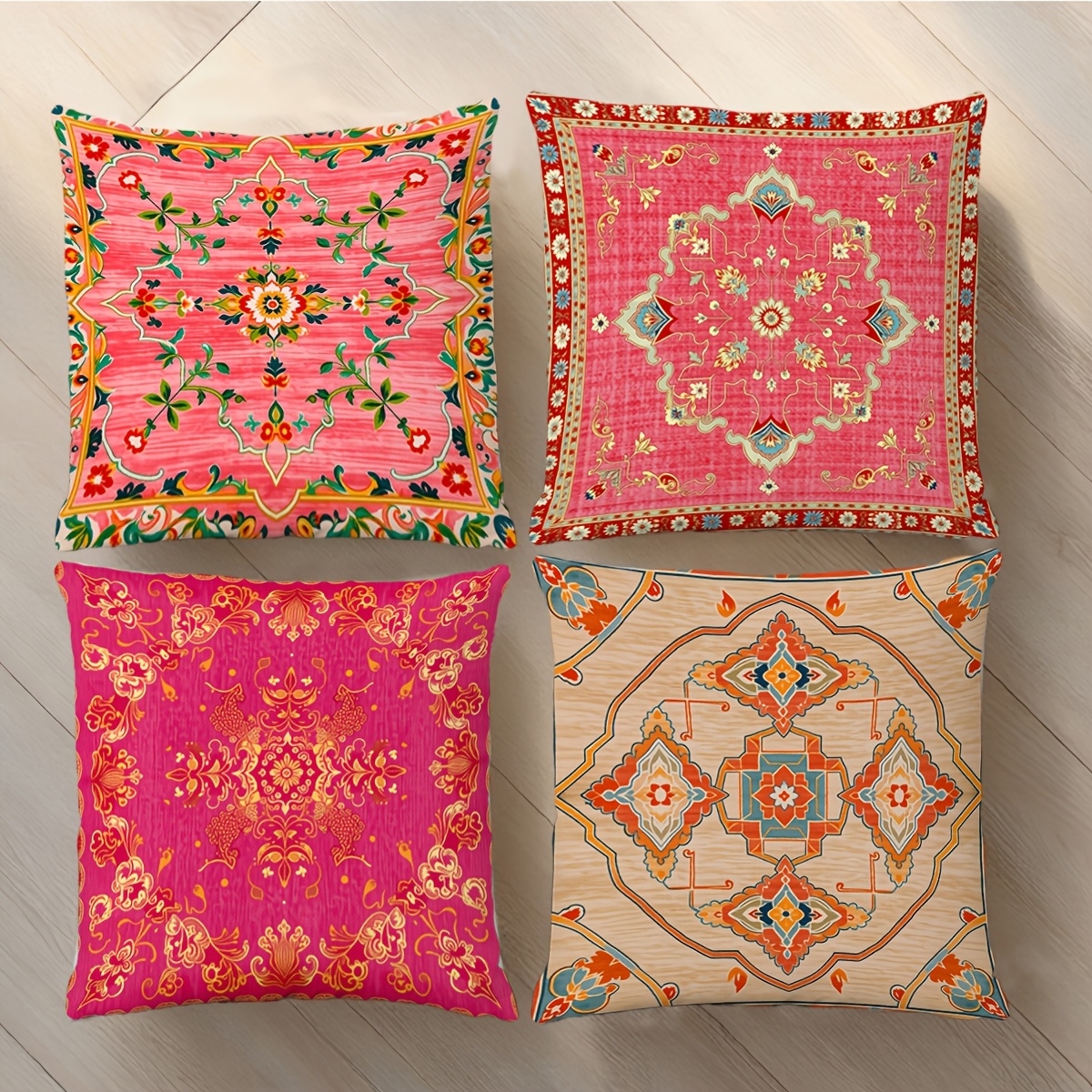 TEMU 4pcs Vintage Bohemian Ethnic Style Pillowcase Set, 2d Flat Printing, Vibrant Contrast Persian Pattern And Carpet Texture Combination Design,