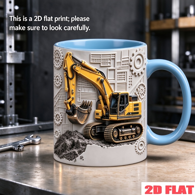 TEMU 2d Printed Custom Excavator Mug, Personalized Ceramic Coffee Cup With Name, 11oz, Customizable With Name/text, Features Golden Excavator, Gears,
