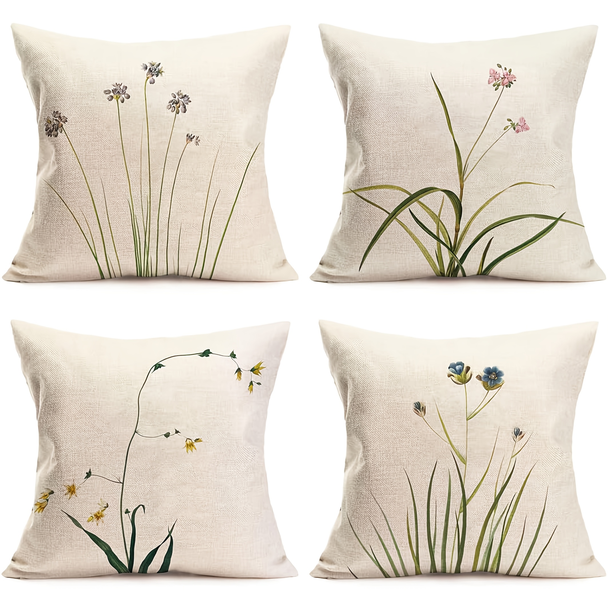 

4pcs Pillow Covers, Spring Floral & Plants Design, Decorative Zippered Cushion Cases, Machine Washable, Woven Throw Pillowcases For Room Types