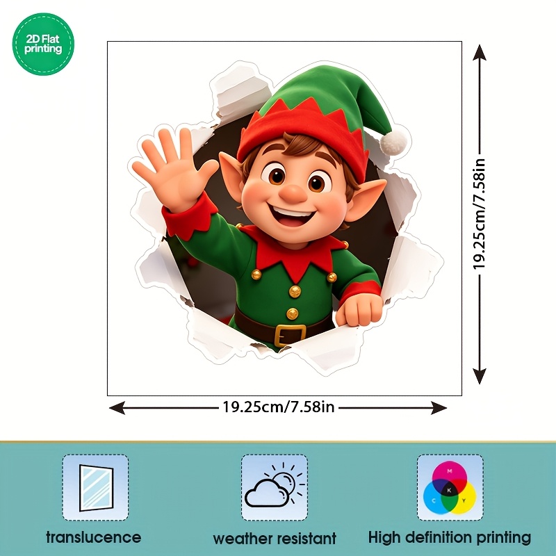 TEMU 1pc Window Sticker, Self-adhesive Glass Decal, Home Decor Wall Sticker, Christmas Elf Waving Through Torn Paper, Static Cling, No Glue Needed,