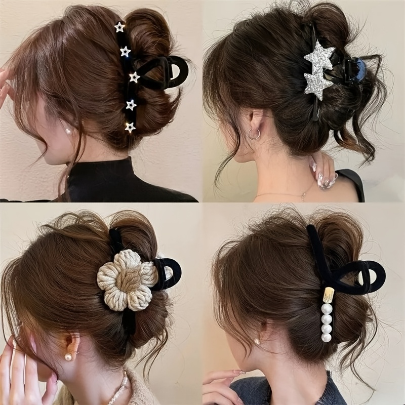 Image of 4pcs Black Large Grab Clip Inlaid With Artificial Gemstones, With A High-end Feel And A Shark Clip On The Back Of . This Autumn And Winter Fashionable Hair Accessory Is A Headpiece