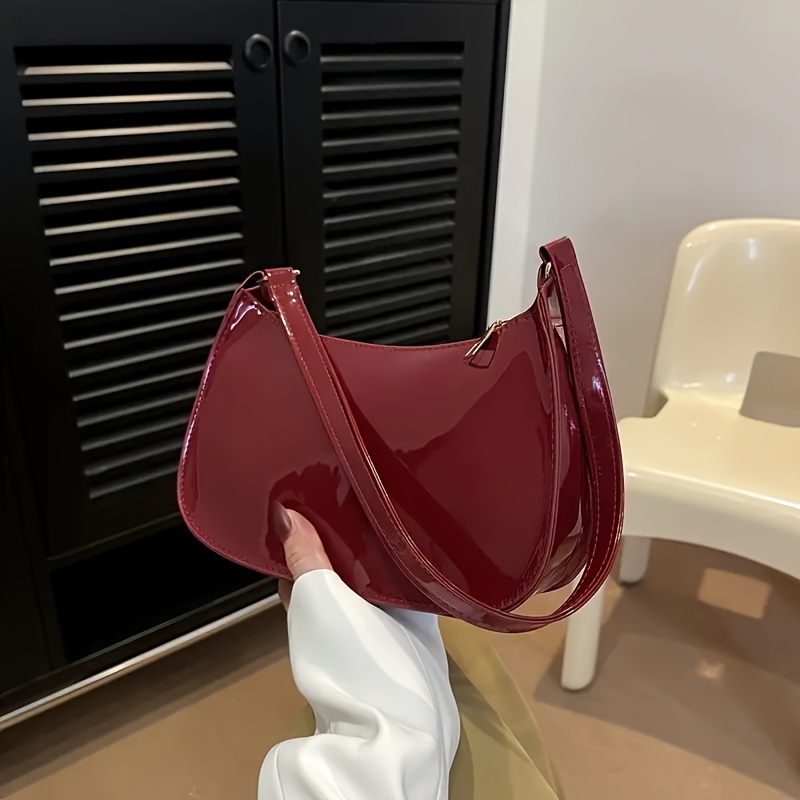 

Chic Patent Pu Leather Crossbody Bag For Women With Zipper Closure, Solid Color Glossy Handbag, Polyester Lined Underarm Purse With Painted Edges - Suitable For Any Occasion