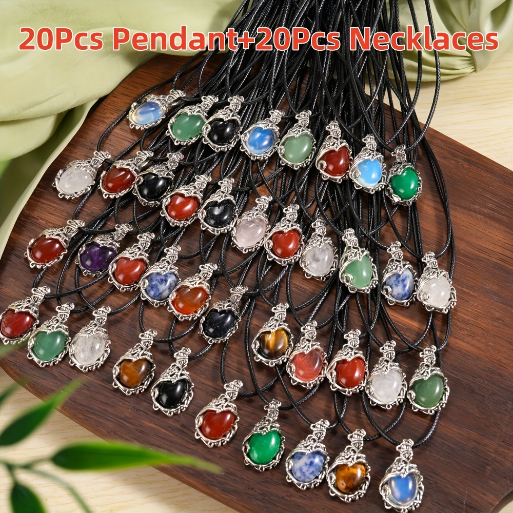 TEMU 10/20pcs Fashionable Natural Stone Pendants Necklaces Set - With Silvery Border Water Drop Shaped & Adjustable Black Necklaces, Suitable For