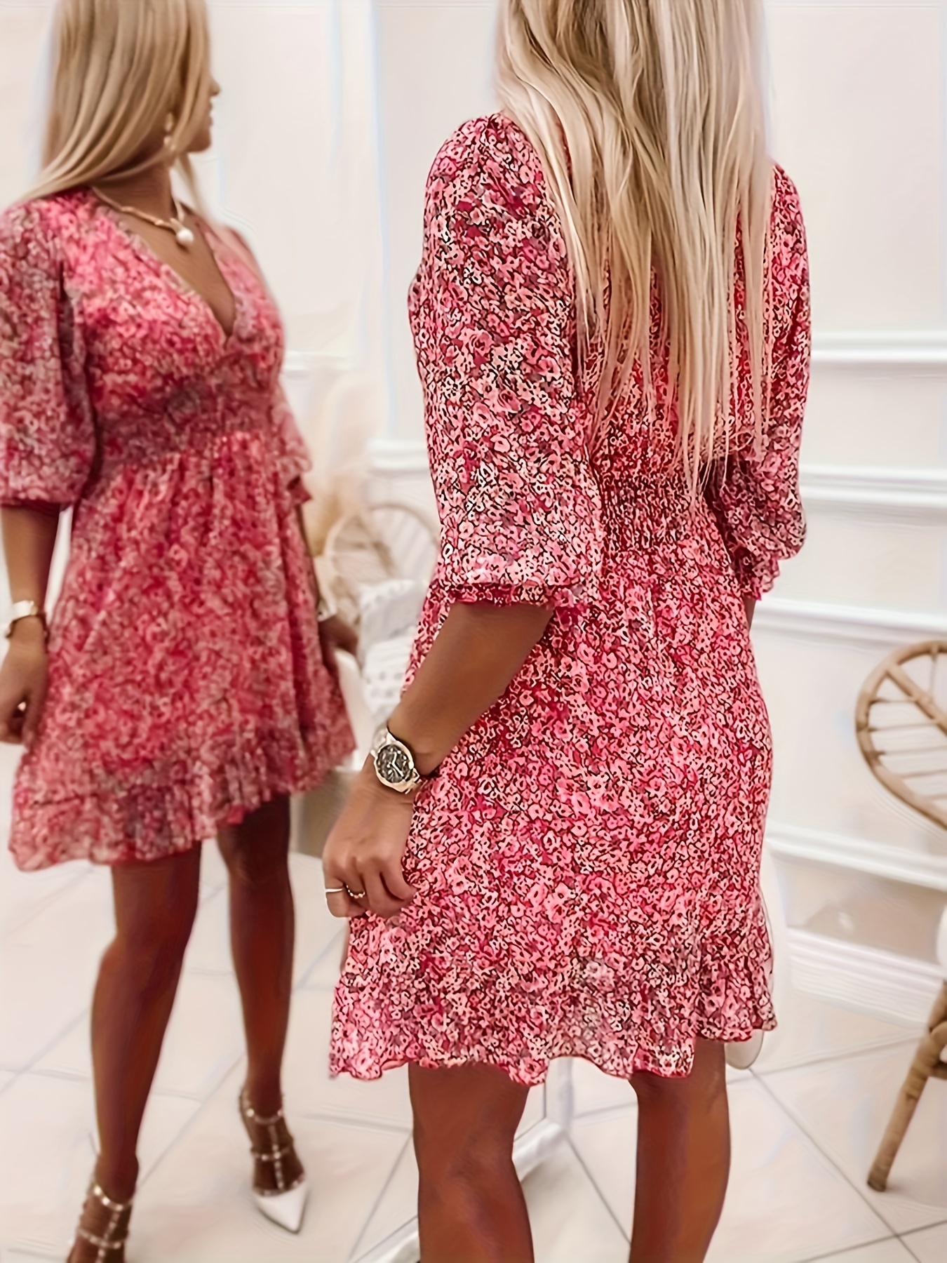 shirred waist v neck dress floral print elegant 3 4 sleeve dress for   womens clothing details 18