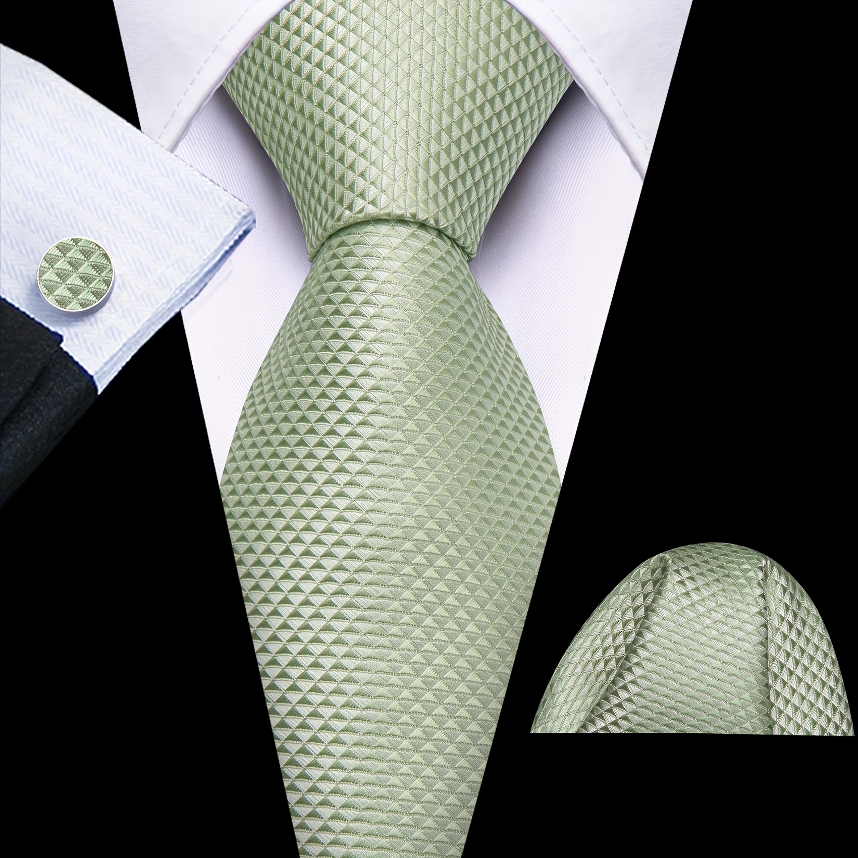 Image of Mens Classic Fashion Tie Mint Green Geometric Ties And Handkerchief Square Set Business Event Wedding Party Essential For Festivals