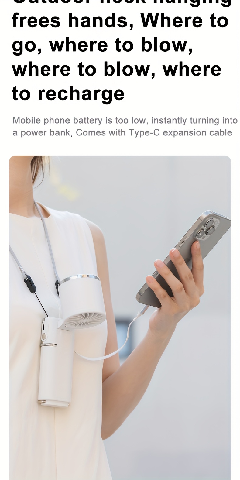 Handheld neck fan with a 130-degree adjustable head, built-in cooling pad on the fan surface for rapid temperature reduction, supports up to 10W fast charging via large 6000mAh battery, includes creative retractable lanyard and buckle strap