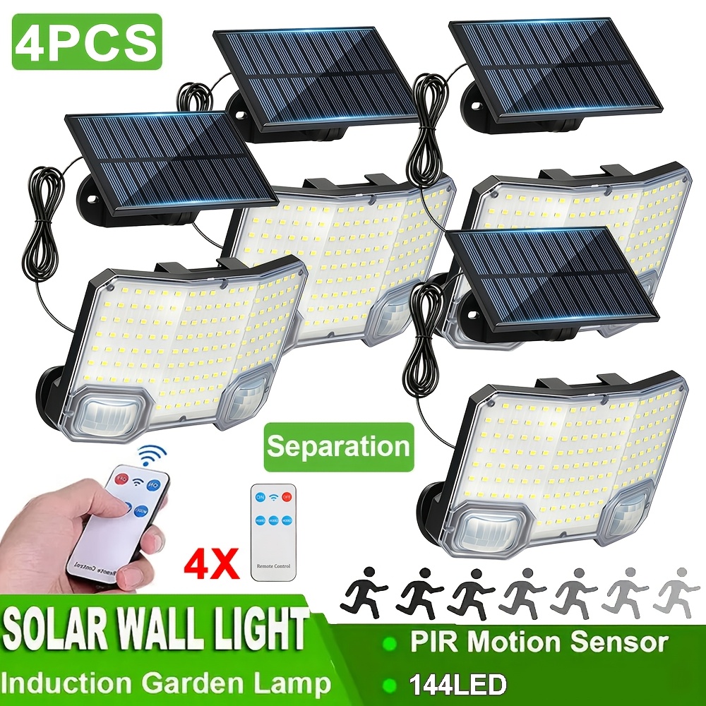 Image of 4pcs Solar Motion Sensor Wall Lights, 144led Solar Light With Remote, 3 Lighting , 270 ° Wide-angle Lighting Safety Floodlight, Dawn To Dusk, For Commercial Streets, Courtyards, Gardens, Garages