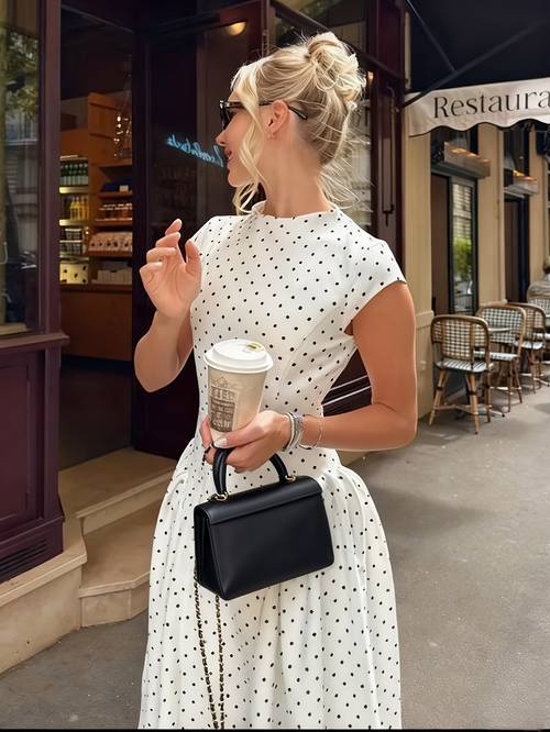 neues damen-langkleid mit polka-dots, rundhalsausschnitt, taillierend, -style, instagram-inspiriert