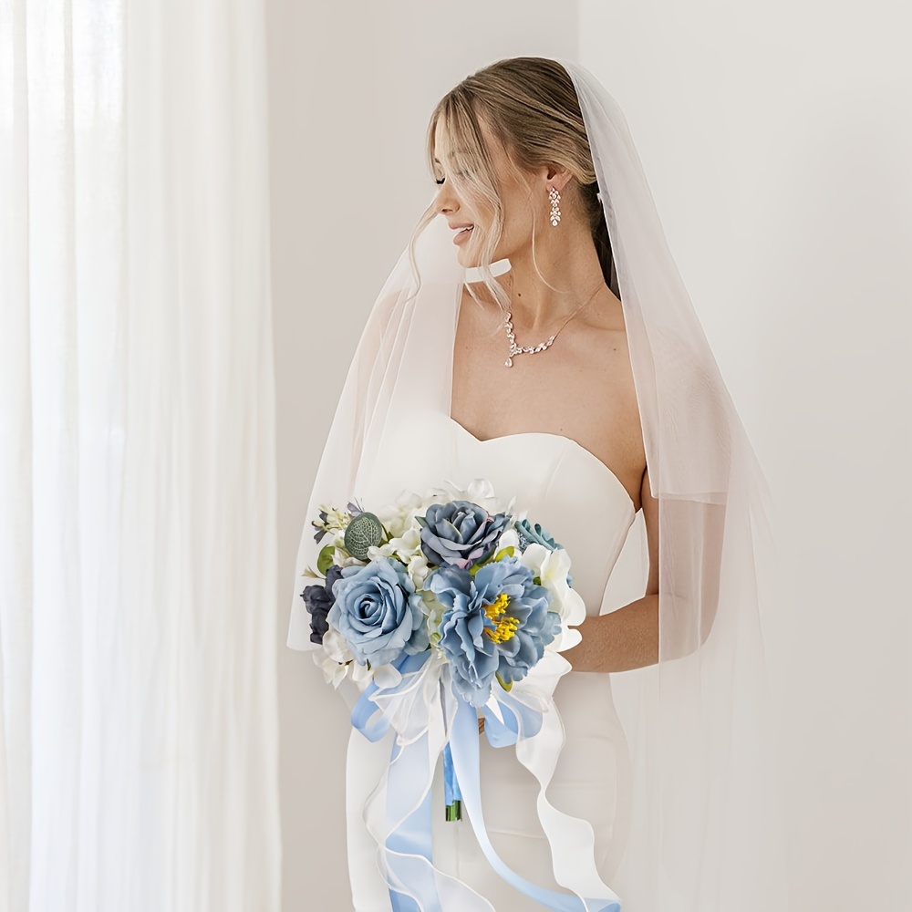 Blue Artificial Rose Wedding Bouquet for Bride Bridesmaids Boho Rustic  Floral Arrangement with White Greenery Blue Ribbon Accents
