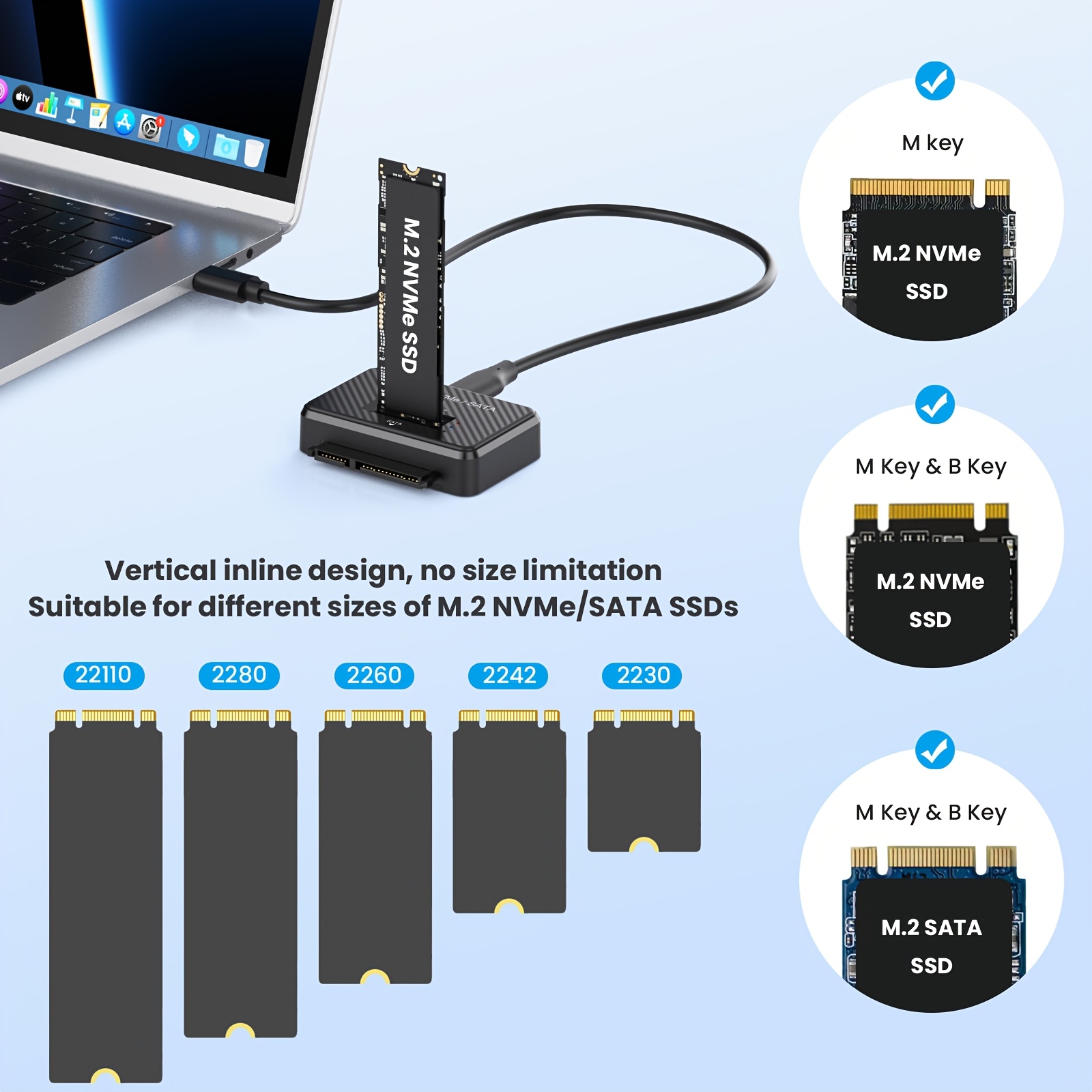 Station d'accueil portable pour NVMe vers USB 3.2 à 10 Gbps, conçue pour les SSD M.2. Cette boîtier externe prend en charge les SSD NVMe PCIe et SATA M.2, prenant en charge les tailles 2280, 2260, 2242 et 2230