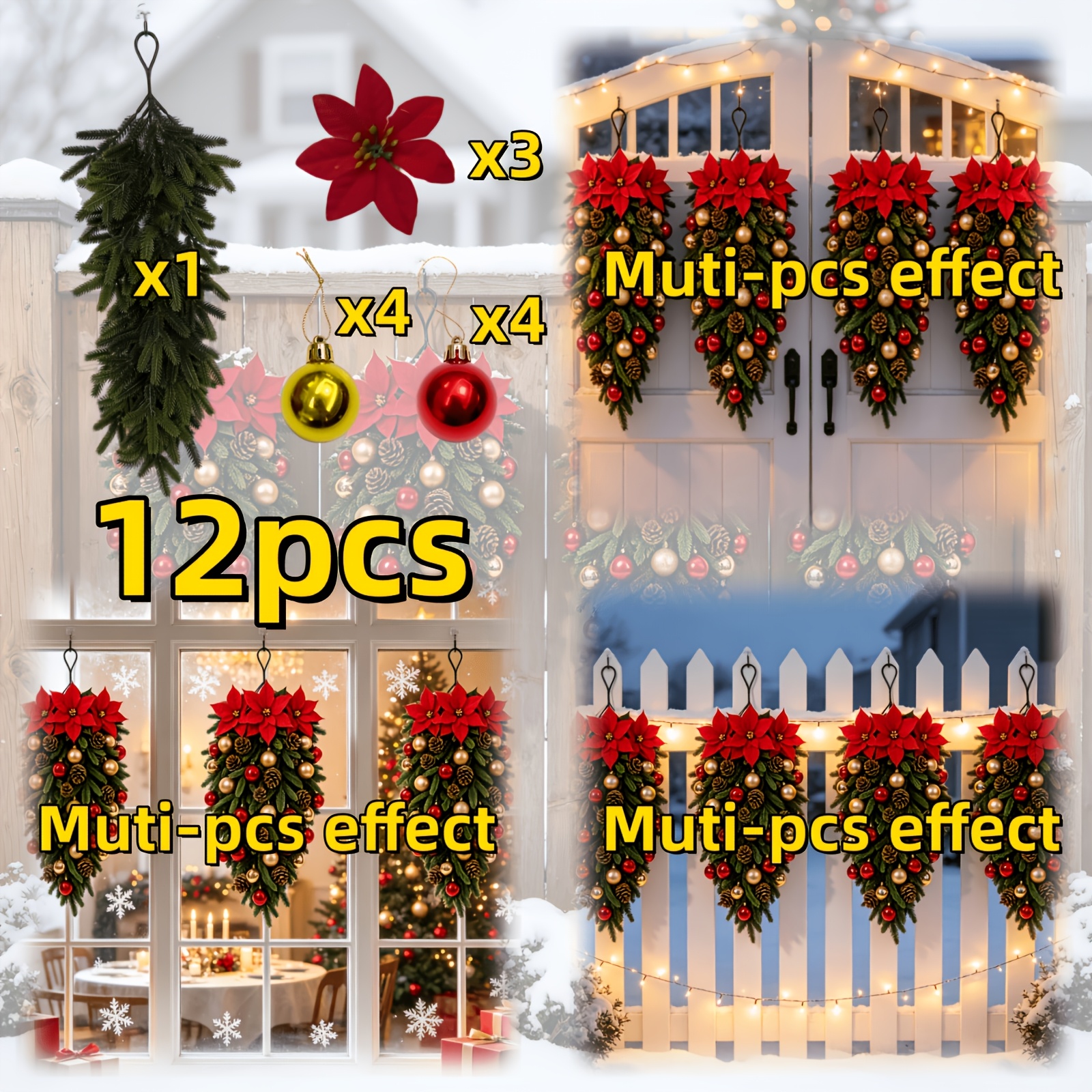 TEMU Ensemble combiné de luxe 12 pièces - Sapin de Noël artificiel Norfolk avec ornements de Noël brillants rouges et dorés et - Kit de décoration de