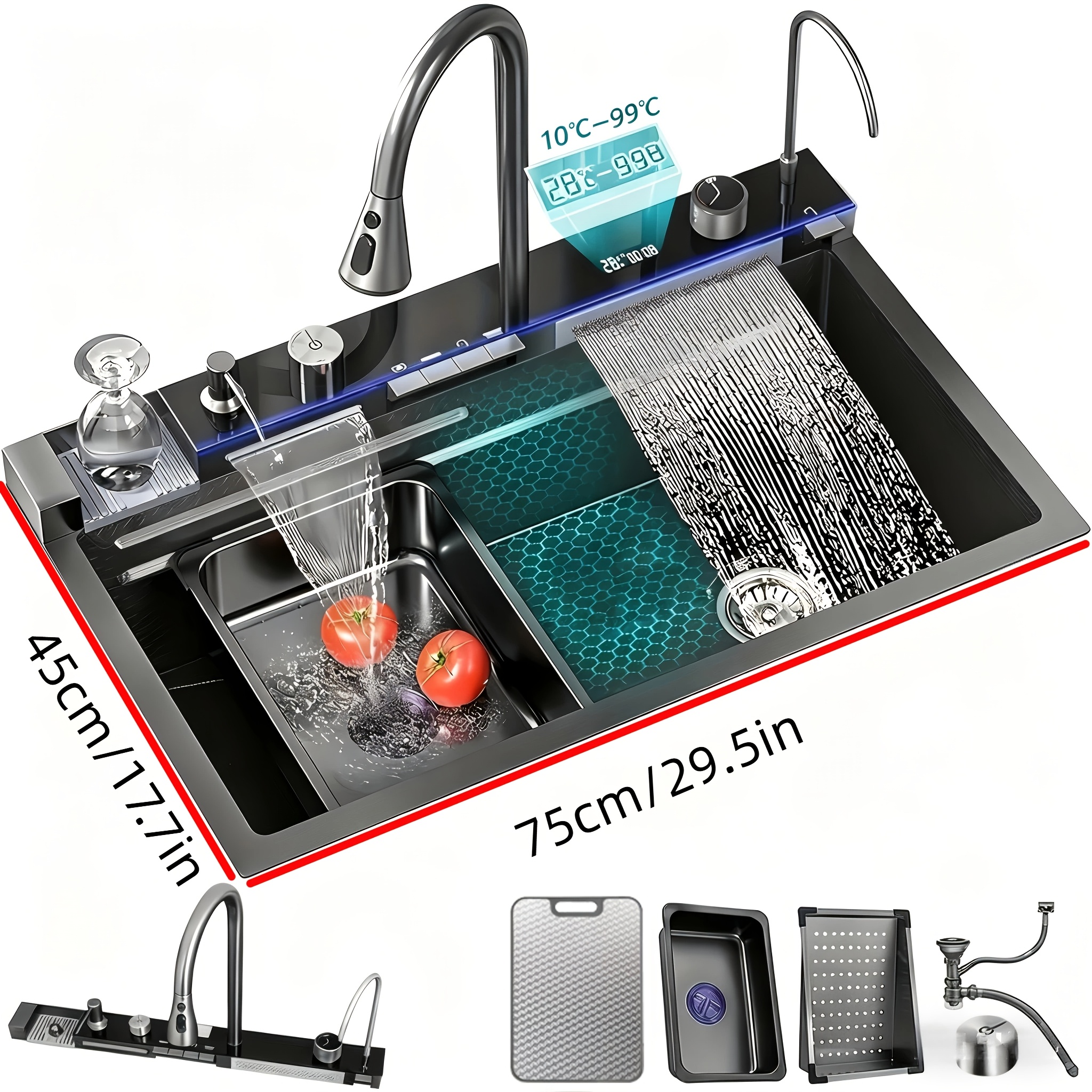 Image of Smart Waterfall Kitchen Sink, Temperature Display Stainless Steel Raindance Multifunctional Sink With Pull-out Faucet, Cutting Board, Glass Washer & Double Waterfall (black)