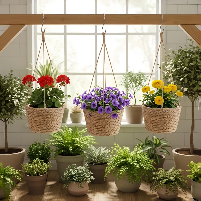 TEMU Set da 4 pezzi, 2 Cesti di Fiori + 2 Ganci. Cesto Macram癡 per Piante, per Appendere in Giardino, Materiale in di Iuta, per la Fissaggio di Vasi