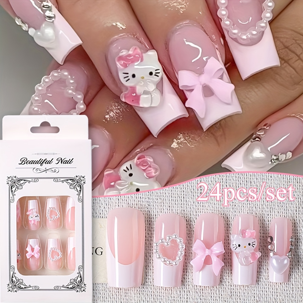 E-shop 24 Stück Sanrio Hello Kitty Press-on-Nägel - Pinke, glänzende, lange, quadratische Falsche Nägel für Frauen, süßes Kawaii Fake-Nägel Set,