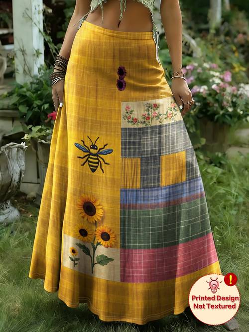 plus size printed design not textured womens plus size elegant bohemian style simple sunflower and bee pattern printed skirt fashionable and versatile design casual and comfortable t shirt versatile skirt
