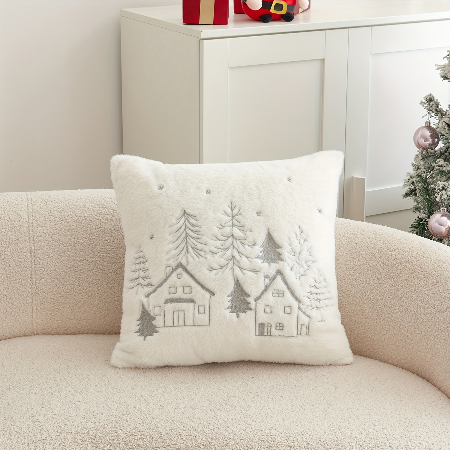 Image of 1pc Christmas House Christmas Tree Embroidered Pillow Cover, Suitable For Indoor Decoration, Christmas Decorative Pillow Cover, Insert Not Included