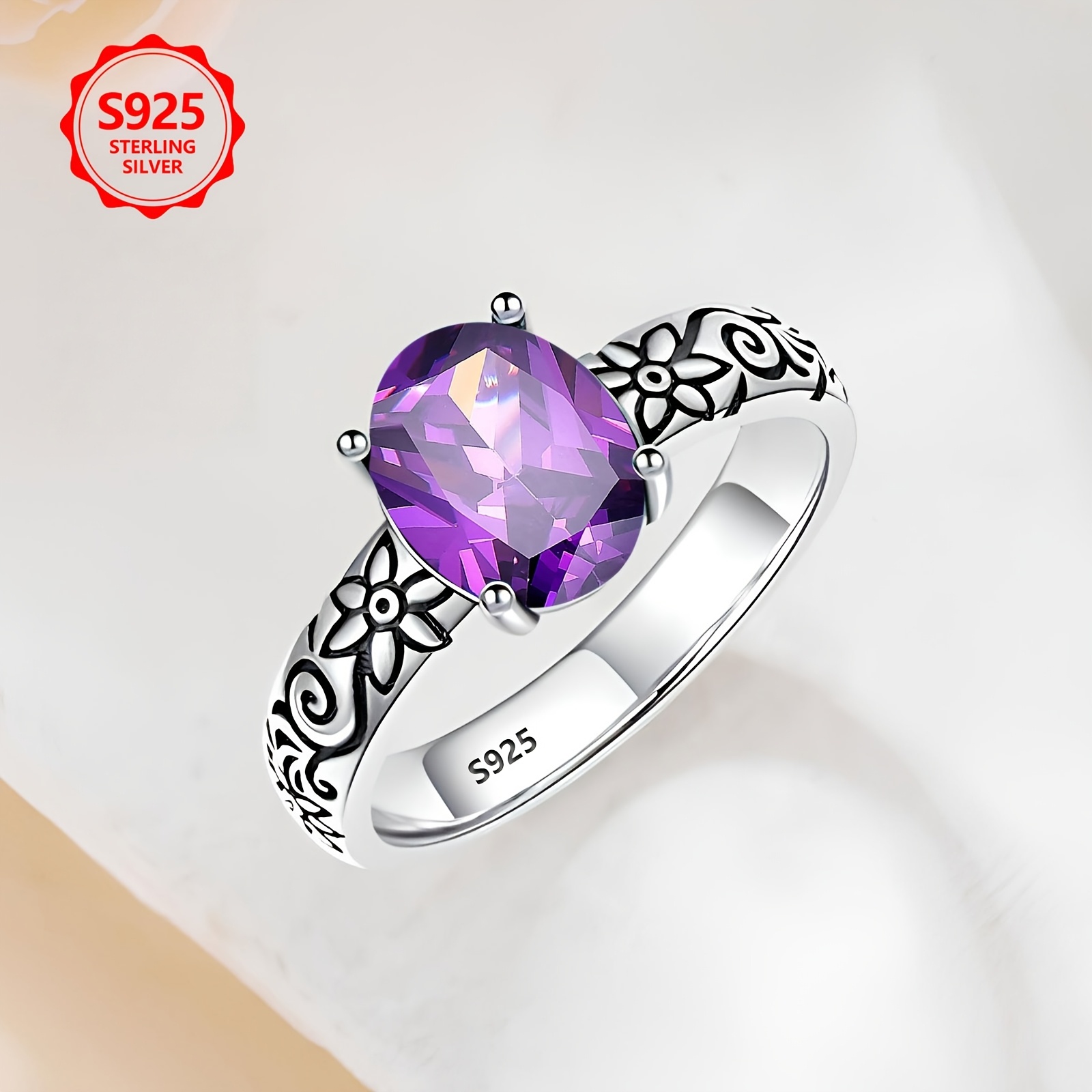 Women's 925 Sterling Silver Vintage Bohemian Oval Purple Zirconia Ring